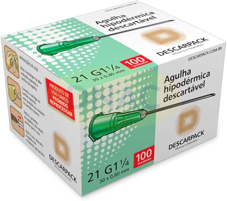 Agulha Intramuscular Hipodérmica Verde 21g 30 x 0,80mm Com 100 unidades - Descarpack
