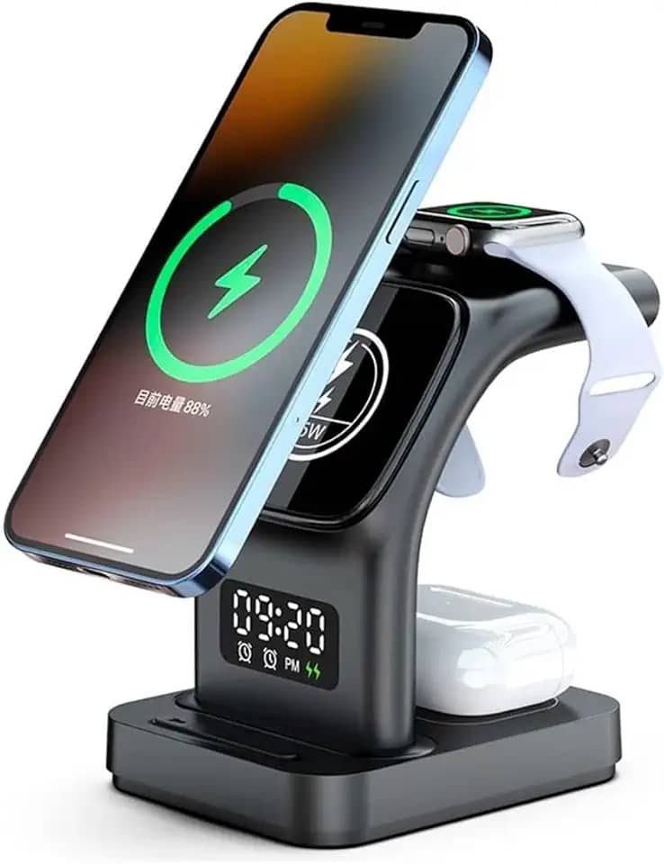 Carregador sem Fio 3 em 1! Compatível com Apple iPhone/iWatch/Pods, iPhone 15 14,13,12,11 (Pro, Pro Max)/XS/XR/XS/X/8 (Plus), iWatch 7/6/SE/5/4/3/2, Pods 3/2/pro5 (Preto)