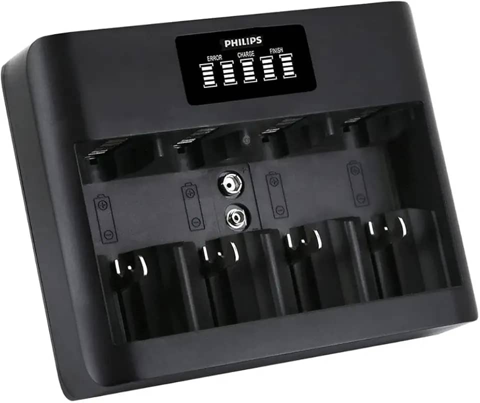 Carregador de Pilhas Philips Usb com Visor Lcd - Carrega AAA,AA,C,D e 9V