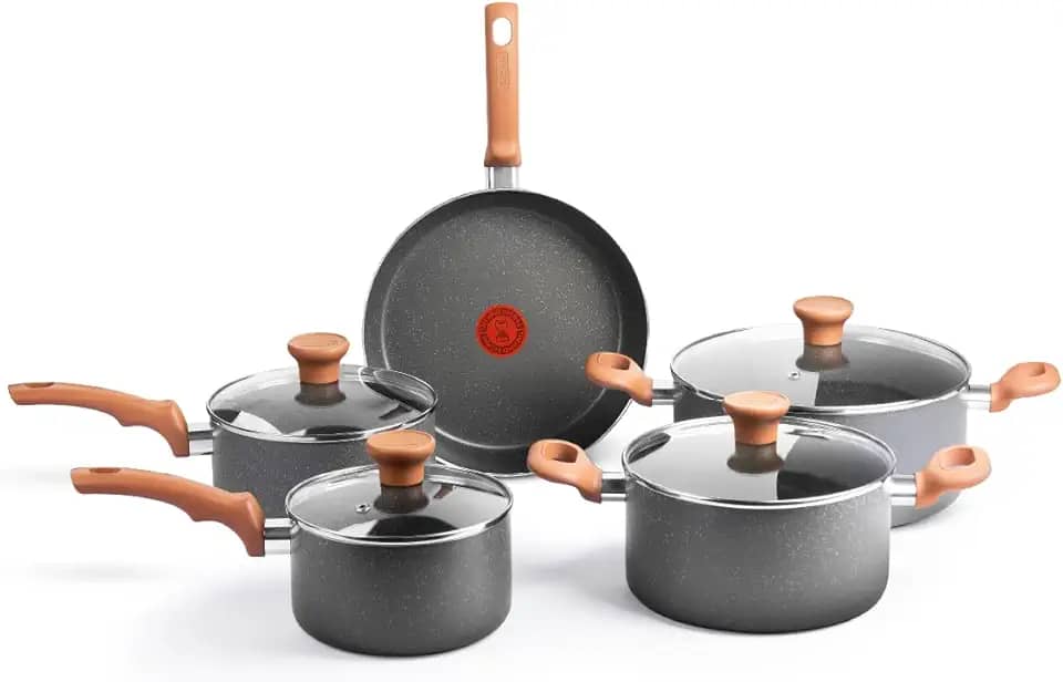 Jogo de Panelas Rochedo Natural Stone 5 peças, Cinza com Efeito Pedra, Antiaderente Minerium, Thermo-Sinal, Alta Espessura de 2mm e Cozimento Homogêneo