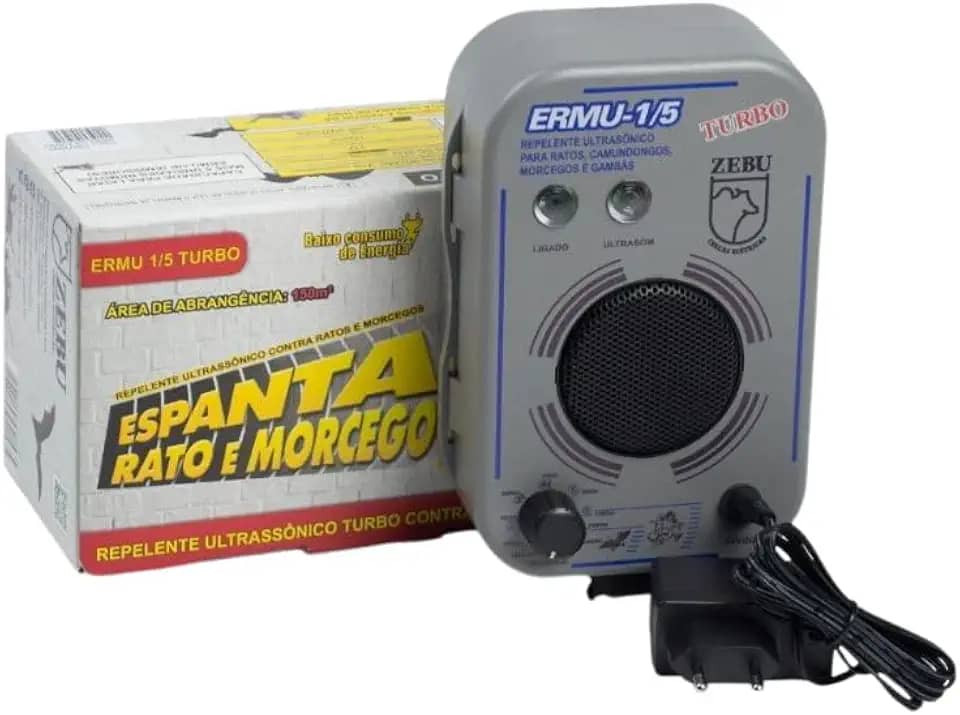 REPELENTE ULTRASSÔNICO SONORO ERMU 1-5 TURBO ZEBU ESPANTA RATO MORCEGO GAMBA