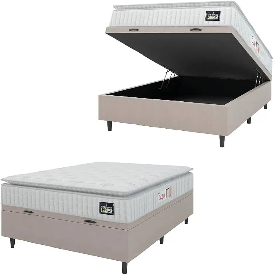 Cama Box Baú Casal Colchão Espuma D45 Lazio Pillow Top 138x188x65cm Suede Branco/Bege Hellen – Suporta Até 150 Kg Por Pessoa