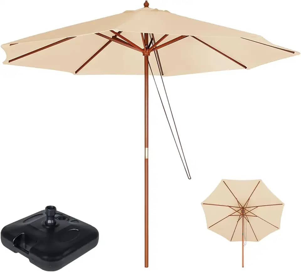 Ombrelone Madeira Guarda Sol 2,4 Metros Sombreiro Piscina Jardim Bege Com Base Plástica Preta - Mor