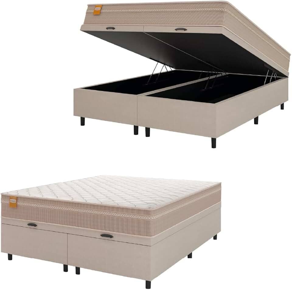 Cama Box Baú Casal Queen Colchão Molas Qatar 158x198x63cm Bege/Branco Inducol - Suporta Até 200 Kg Por Pessoa