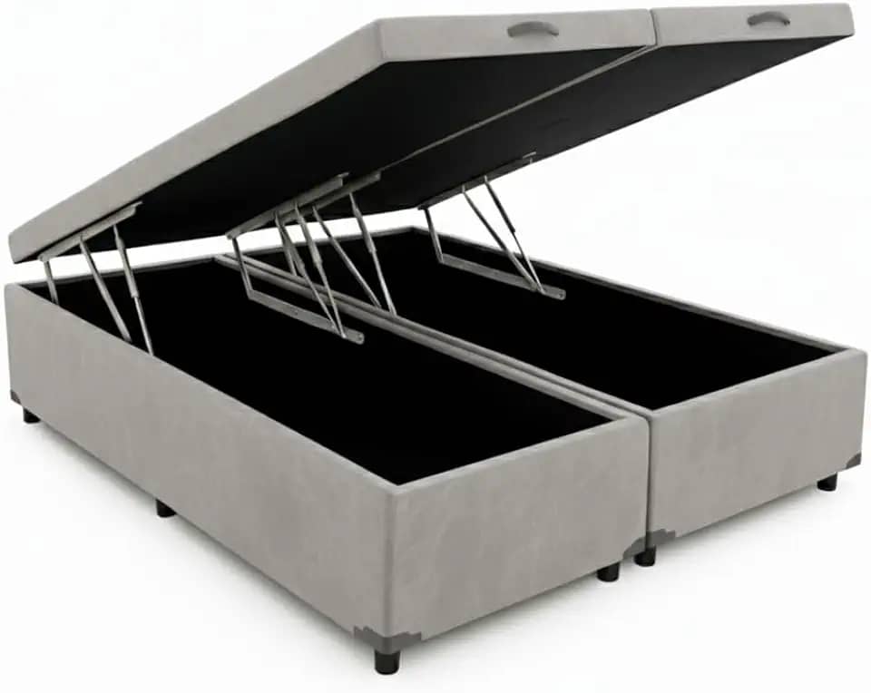 Cama Queen Base Box Baú Bi-partida Corino 79 Cinza Blindada E Resistente