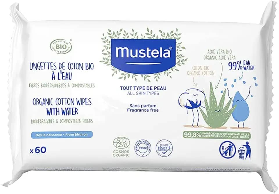 Mustela Toalha De Algodão Bio À Base De Água - Embalagem 60 Unidades - Vegana Sem Fragrância E Certificada Orgânica - Limpa As Impurezas Da Pele Com 99 8% Ingredientes Naturais