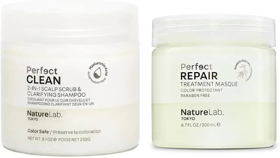 NatureLab.TOKYO Perfect Clean & Repair Treatment Duo: Perfect Clean 2 em 1 esfoliante clareador para couro cabeludo e xampu 230 ml e máscara de tratamento de reparo perfeito 190 g