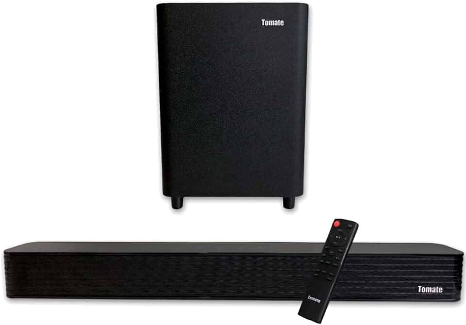 Kit Soundbar e Subwoofer Som de Cinema 2.1 Canais e Tecnologia Imersiva Entrada Óptica Coaxial USB e BT Acompanha Controle - Tomate