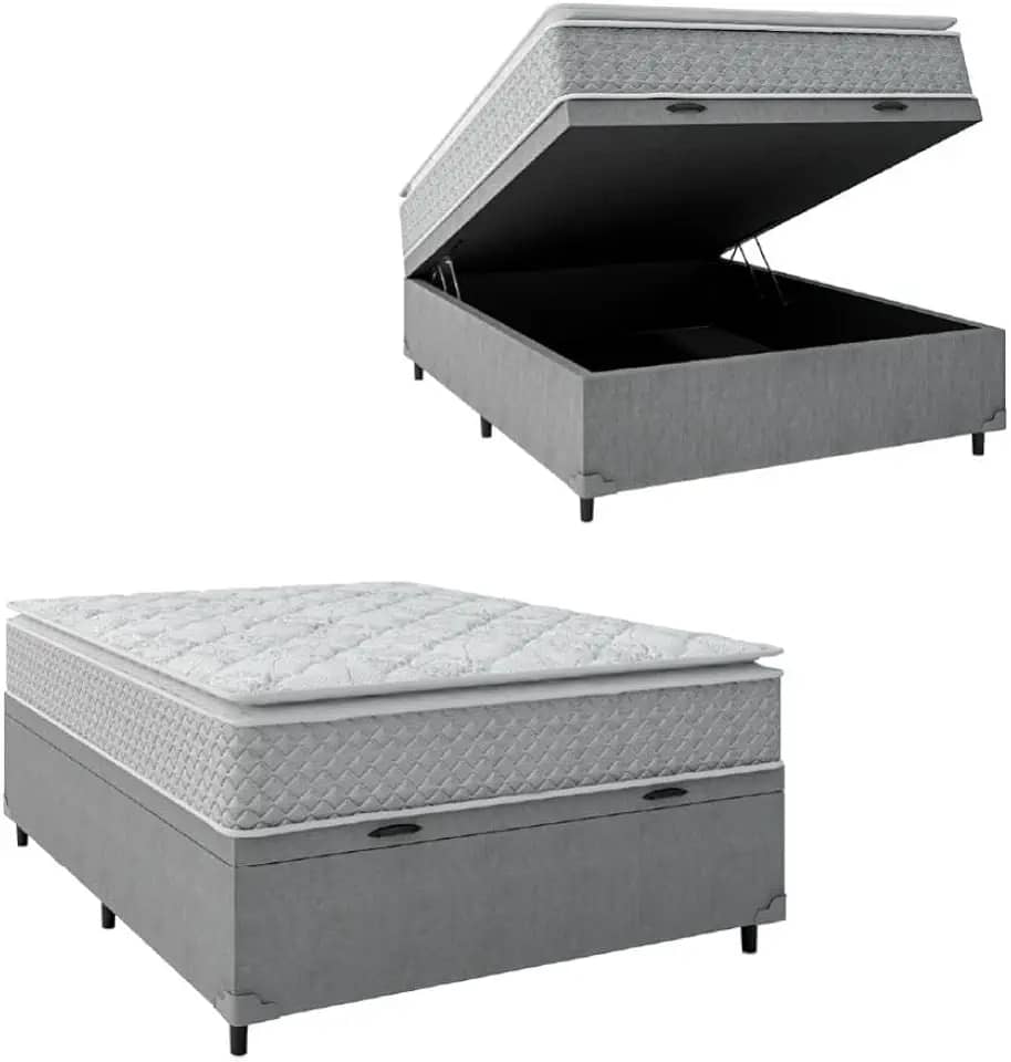 Cama Box Baú Casal Colchão Molas Ensacadas Pillow Top Perfect 138x188x74cm Cinza/branco Umaflex - Suporta até 120kg por Pessoa