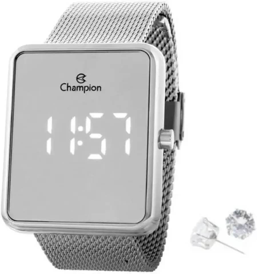 Relógio Feminino Champion Digital Espelhado Prata + Colar e Brincos CH40080S