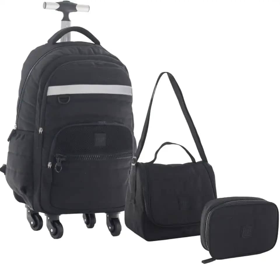 Kit Mochila Escolar Juvenil Masculino 4 Rodas 360° Desenho do Tecido Matelassê Com Lancheira Térmica e Estojo Box (PRETO)