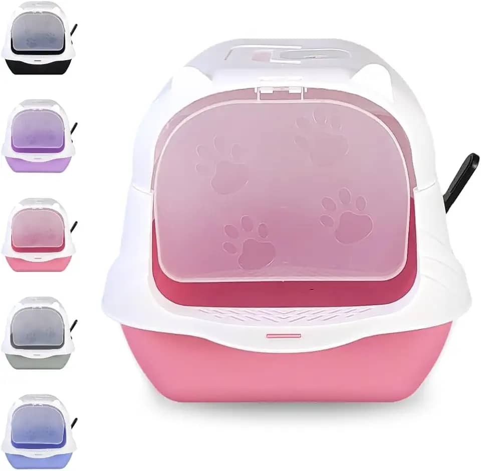 Caixa Areia Fechada Gato Autolimpante Grande Banheiro Pá (Branco/Rosa)
