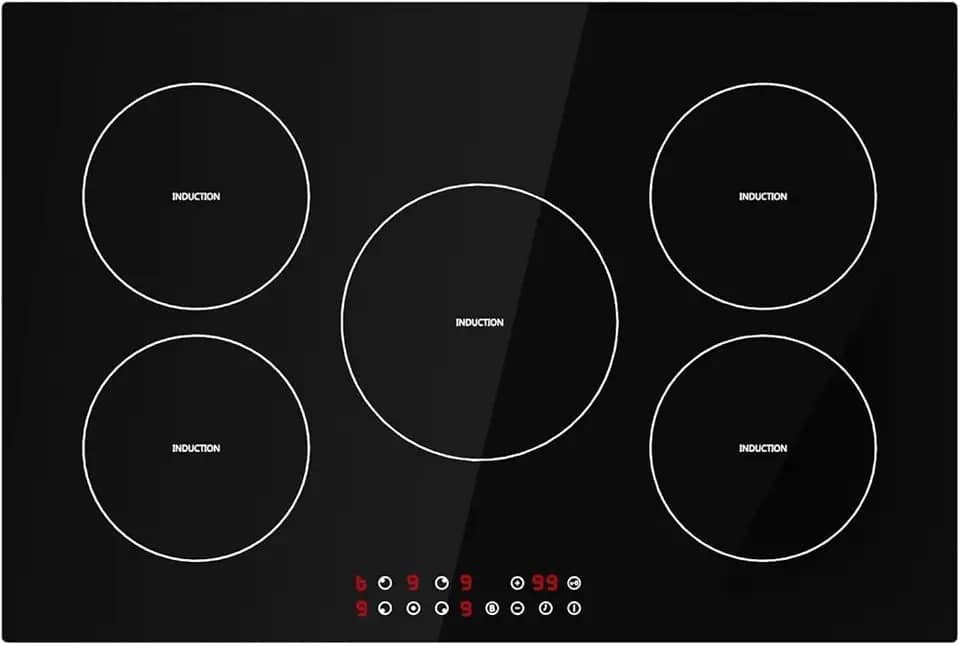 Davivy Fogão de indução de 76 cm com 5 queimadores, topo de fogão de indução embutido com 5 queimadores, 9 níveis de aquecimento, trava de segurança para crianças, controle de toque do sensor
