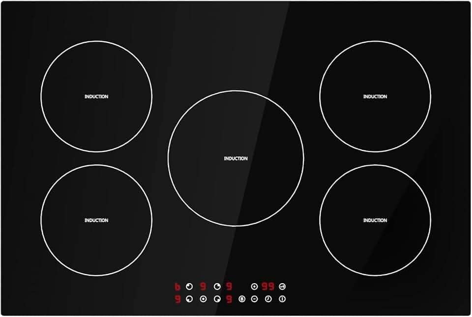 Davivy Fogão de indução de 76 cm com 5 queimadores, topo de fogão de indução embutido com 5 queimadores, 9 níveis de aquecimento, trava de segurança para crianças, controle de toque do sensor