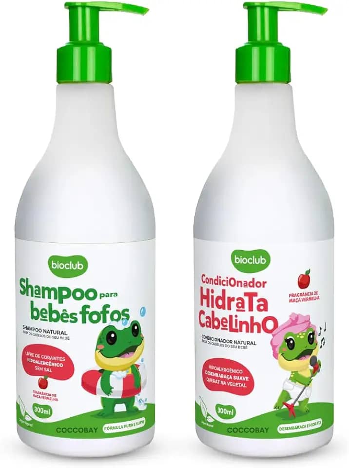 Kit Shampoo E Condicionador Infantil Natural Bioclub® Hipoalergênico Com Queratina Vegetal Sem Sal Para Bebês e Crianças Perfume Suave 600ml