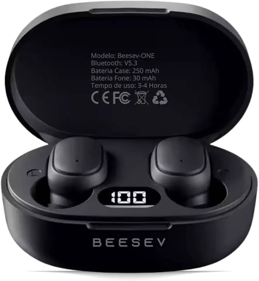 Fone de Ouvido Bluetooth 5.3 TWS Sem Fio Wireless Com Visor Graves Potente Compatível com iOS e Android, Beesev-ONE (Preto)