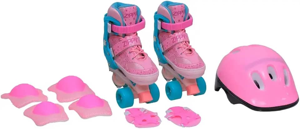 Zippy Toys, Kit de Patins Infantil Ajustável com Capacete Joelheira Cotoveleira e Munhequeira Clássico 34 ao 37, Rosa e Verde
