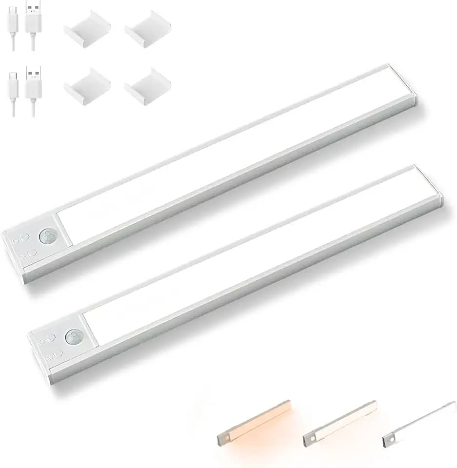 Kit 2 Luzes de Armário, LED USB Recarregável Luzes de Armário de 40CM, 1000mAh Bateria Operada Sensor de Movimento Luz Interior, 50-150LM, 3 Temps de Cor Regulável para Cozinha Escadas Guarda-Roupa