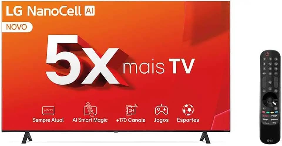 Smart TV 4K 75" LG NanoCell 75NANO80T Processador α5 Ger7 AI Hub de Esportes Alexa/Chromecast integrado webOS 24 Controle Smart Magic