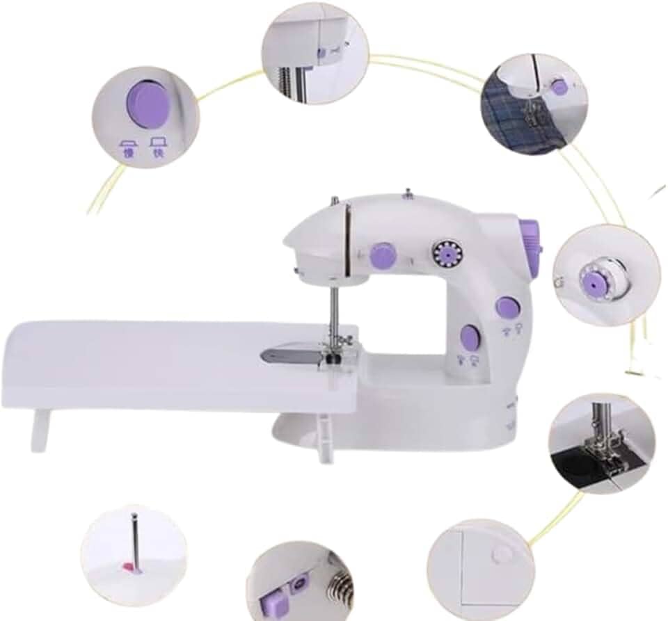 Mini Máquina de Costura Portátil, 2 Velocidades, Bivolt, Compacta com Pedal, Branca e Lilás