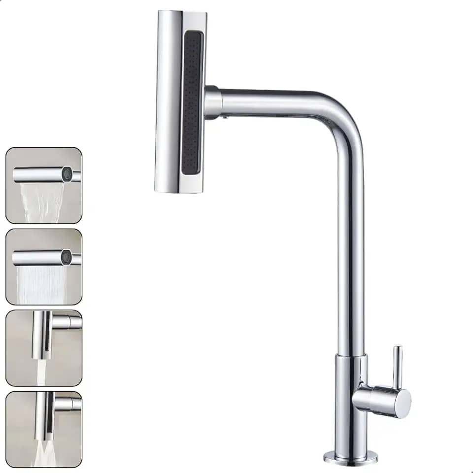 Torneira Gourmet Inox 4 Jatos Cozinha SOFTINOX – Giratória 360°, Instalação em Bancada/Parede, Diversas Cores, 1/4 de Volta, Funções (Cascata, Chuveirinho, Spray e Concentrado) (Bancada, Cromada)