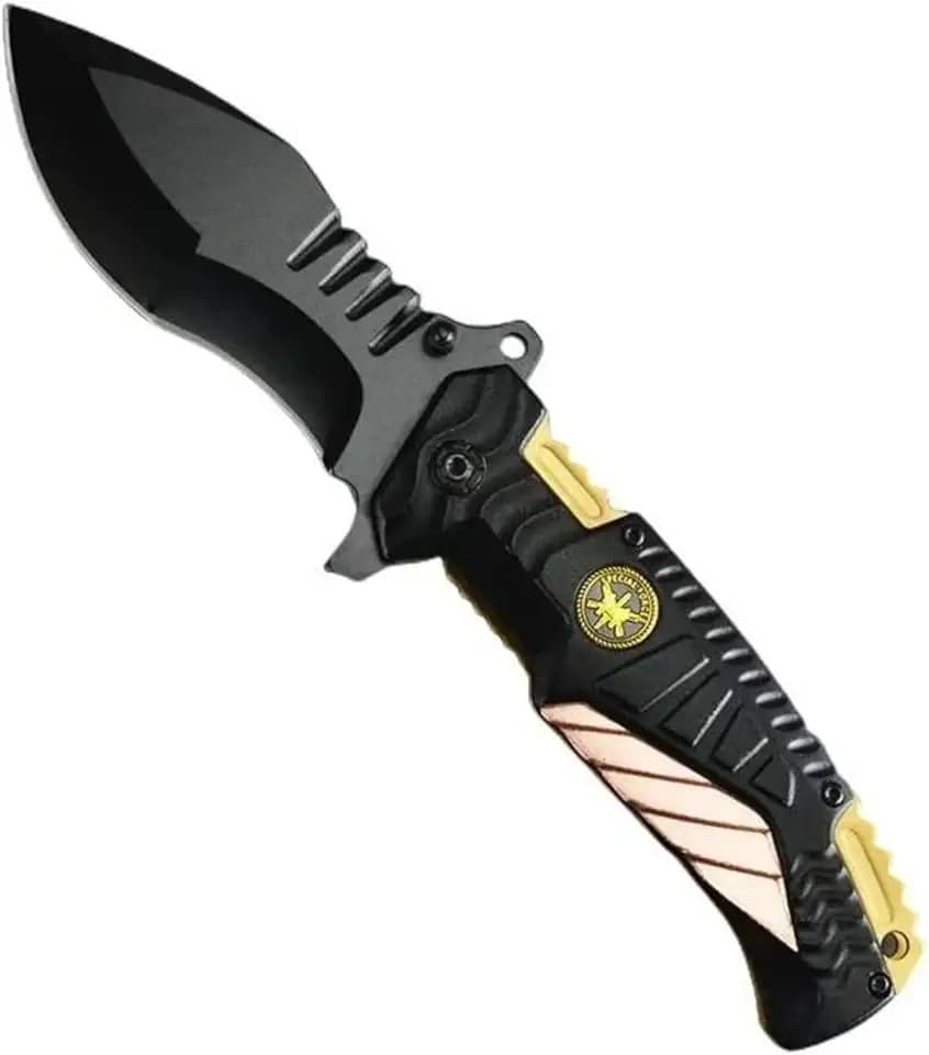 Canivete Tático de Sobrevivência Fire Fighter, Lâmina em Metal, 21 cm, Dourado e Preto, Estilo Italiano