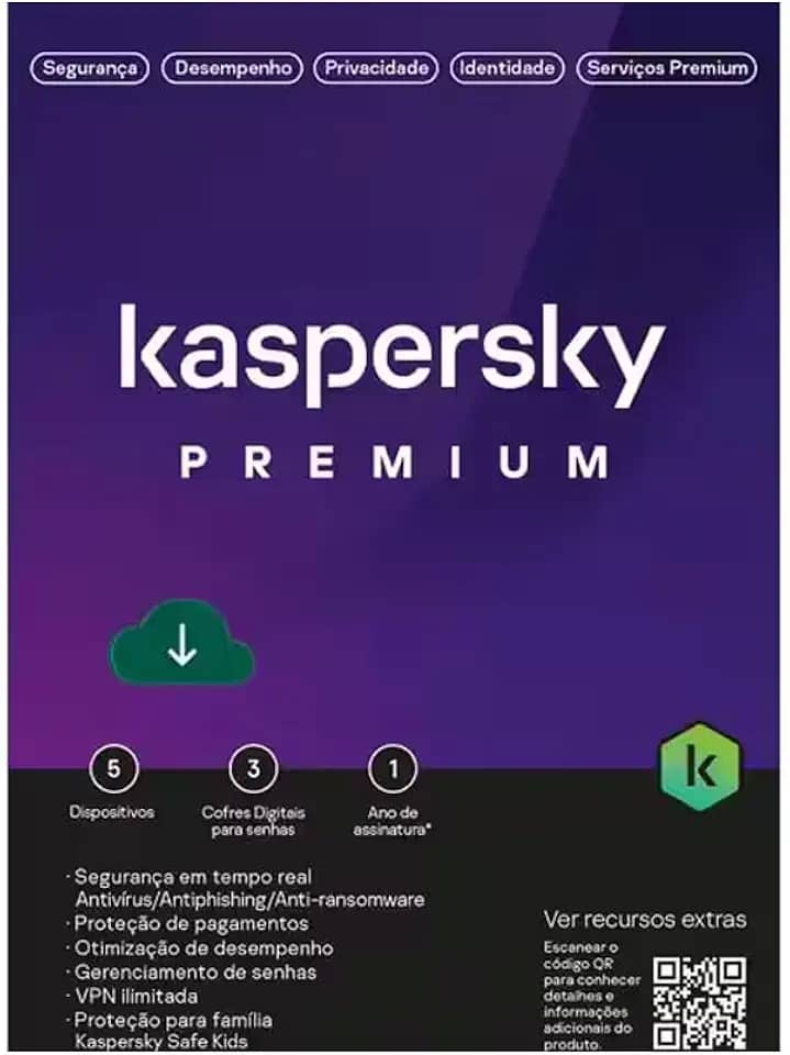 Kaspersky Premium - 5 Dispositivos, 3 cofres - 1 ano