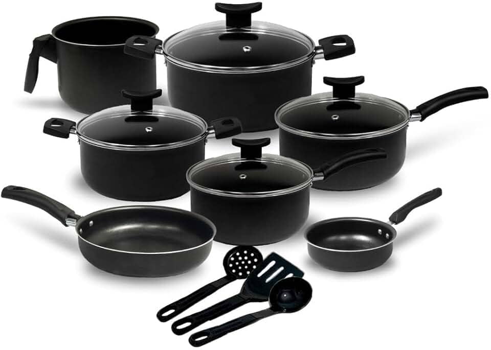Jogo de Panelas 10 Peças Preto Antiaderente c/Tampa de Vidro e Utensílios