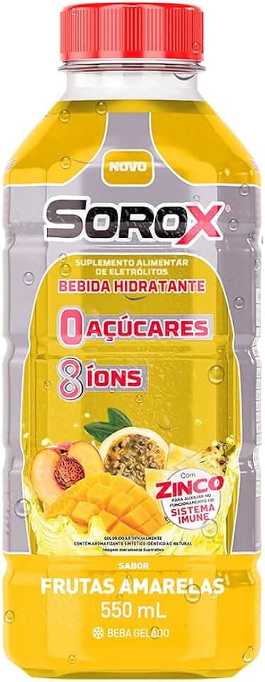 Sorox Frutas Amarelas Bebida Hidratante Zero Açúcar com 8 Íons e Zinco para Imunidade, Baixa Caloria, Eletrolitos para Hidratação e Energia, Refrescante e Nutritiva 550ml