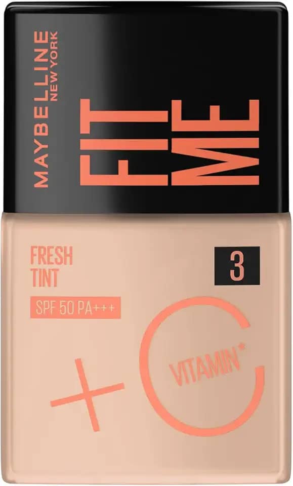 Maybelline NY Fit Me Fresh Tint Base Líquida, Proporciona Efeito Glow Natural, Controla a Oleosidade e Uniformiza a Pele com Vitamina C e FPS 50, Cor 03, 30ml