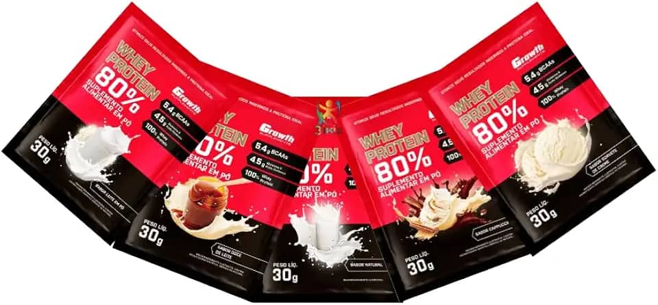 Combo - Whey Protein Concentrado 30g - 5 Sachês (Natural, Cappuccino, Leite em Pó, Doce de Leite e Sorvete de Creme) – Growth