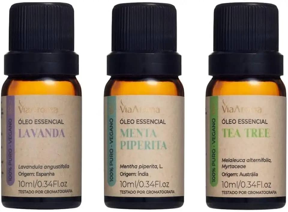 Kit 3 Óleos Essenciais Via Aroma - Lavanda, Menta Piperita e Tea Tree