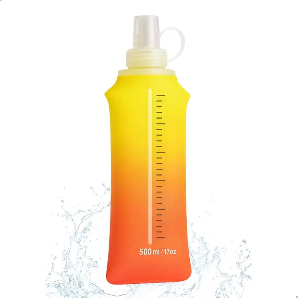 Garrafa de Água Dobrável 500ml Corrida Portátil Esportiva Flexível Silicone Bico Antivazamento BPA Free Bike Ciclismo Camping (Amarelo/Vermelho)