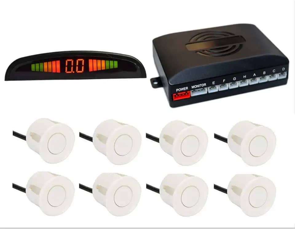Riloer Sistema de radar de estacionamento reverso de carro com 8 sensores de inversão com alarme dianteiro e traseiro de alarme campainha lembrete visor LED para condução segura, branco, sensor de estacionamento de carro
