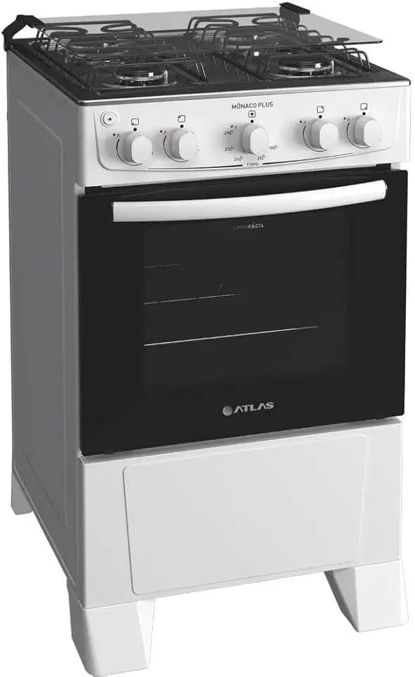 Fogão 4 bocas Atlas Mônaco Plus Branco Mesa inox e acendimento automático