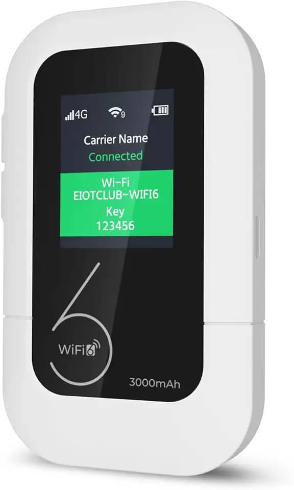 EIOTCLUB Hotspot Wi-Fi portátil 4G LTE, Internet móvel sem contrato | Pay-as-YouGo, 1 GB de dados de teste, 10 conexões de dispositivos, bateria de 3000 mAh, Wi-Fi de bolso para viagens, casa, carro