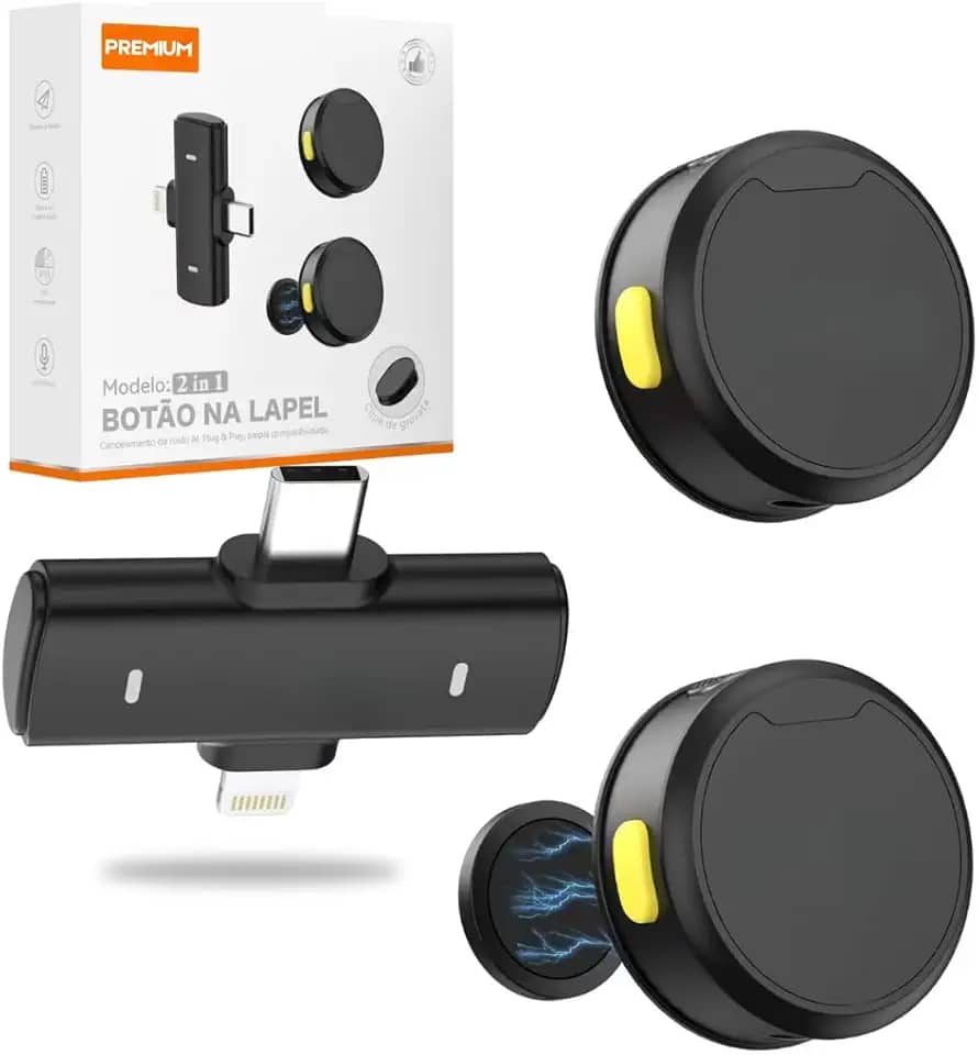 Microfone de Lapela Sem Fio Profissional Conexão Universal com Cancelamento de Ruído para Android, Samsung, Motorola, Xiaomi, iPhone -10h de bateria - Linha Premium Steel Hook