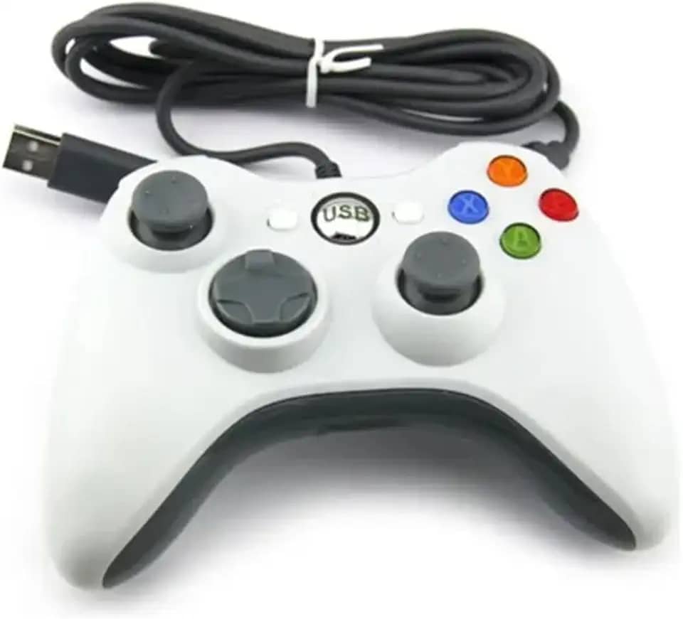 Controle USB com Fio para Xbox 360, Branco, Design Ergonômico, Compatível com PC e Console, Botões Coloridos, Cabo USB.