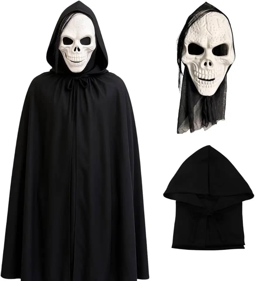 Fantasia Caveira Assustadora Halloween Máscara + Capa Preta