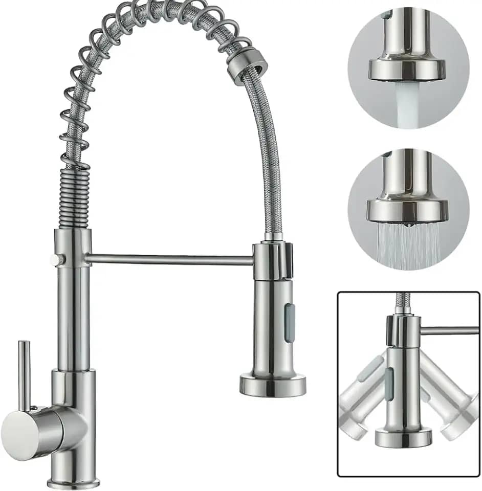Torneira Monocomando Cozinha, Gourmet Para Bancada, Aço Inox Escovado, Bico Giratório 360°, Spray Extensor