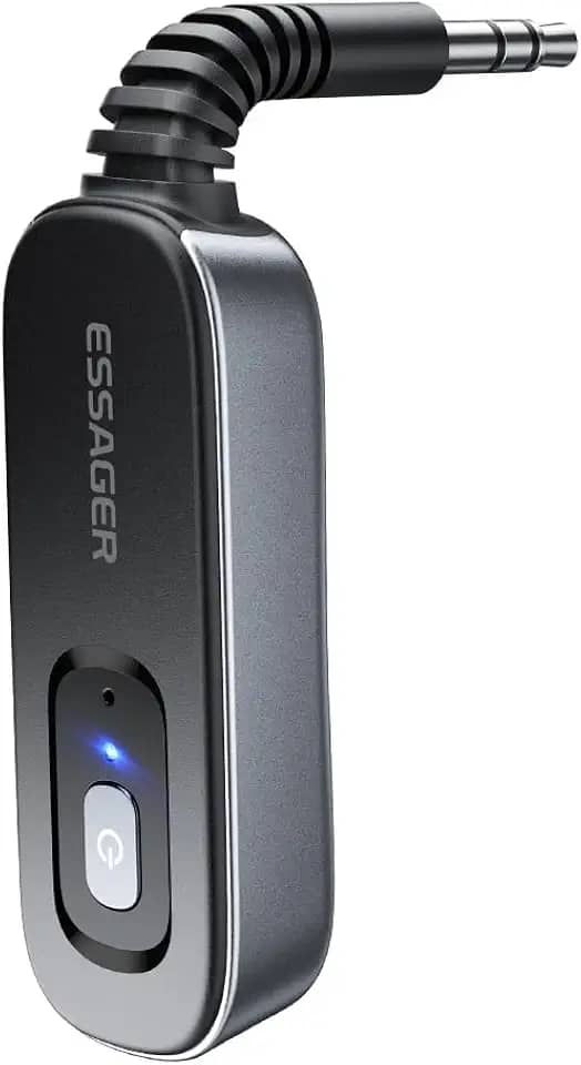 Adaptador auxiliar Bluetooth 5.1 receptor e transmissor recarregável para fones de ouvido Airpods, alto-falante, adaptador de áudio auxiliar ESSAGER de 3,5 mm para passadeira de avião, leitor de MP3,