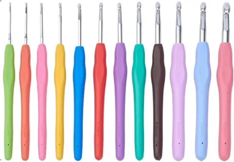 Kit de Agulhas para Crochê, 12 Peças Coloridas, Cabo Emborrachado, 2mm a 8mm, 14cm