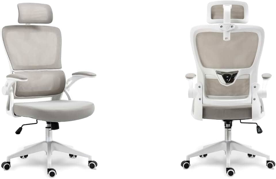 Cadeira de Escritório Presidente Giratória Ergonômica, Com Design Moderno, Estofado Confortável, Apoio Lombar Ajustável, Base Reforçada, Rodízios Silenciosos e Ajuste De Altura (CINZA E BRANCO)