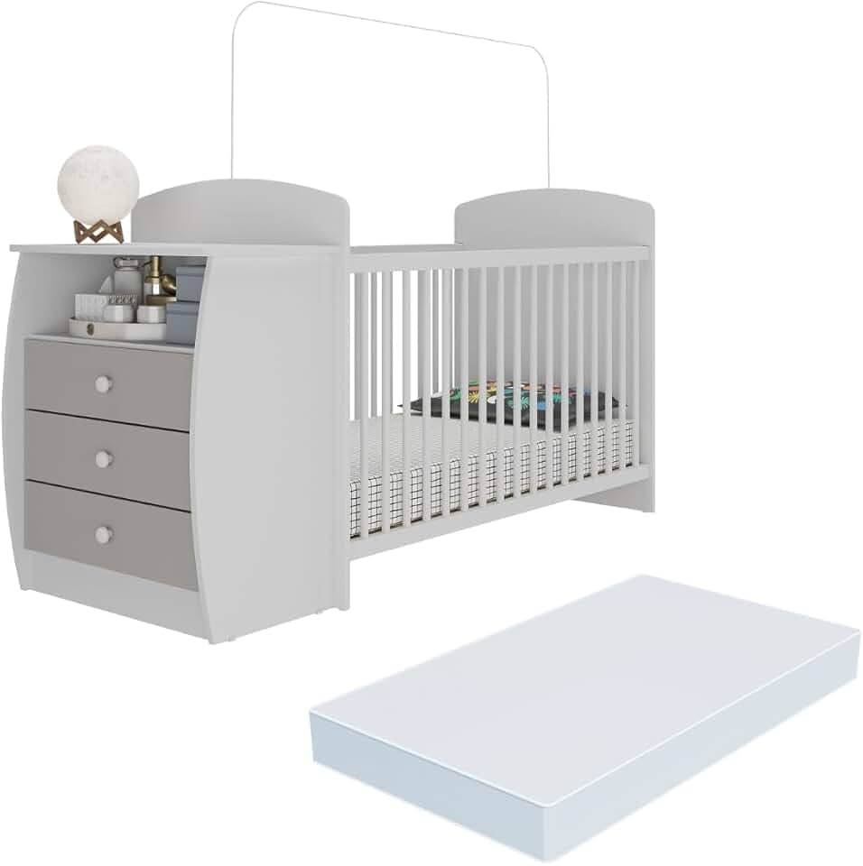 Berço Cômoda Multifuncional Colinho de mãe com colchão incluso Multimóveis Branco/Cinza