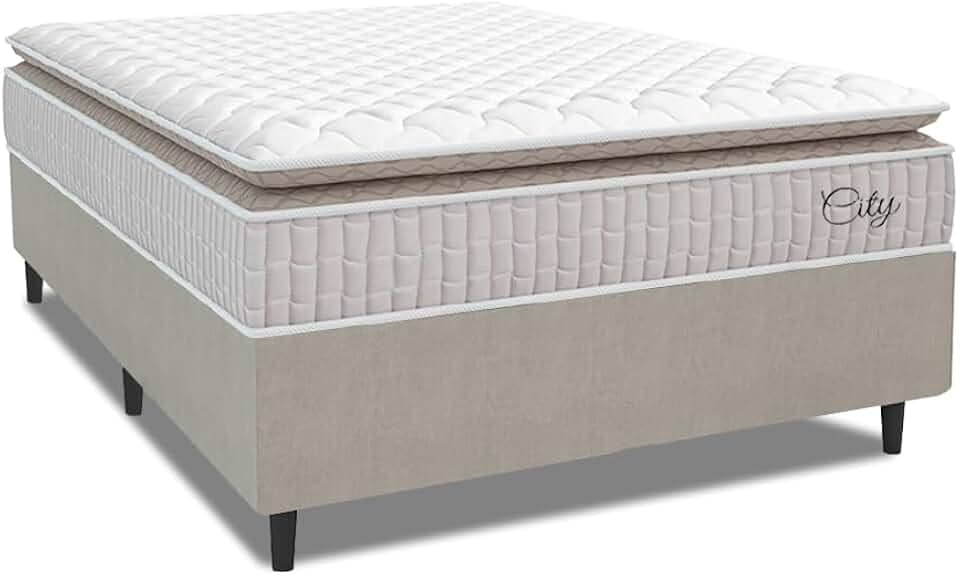 Cama Box Colchão Casal Molas Ensacadas City Pillow Top 138x188x61cm Branco/Bege Hellen - Suporta até 110kg por Pessoa