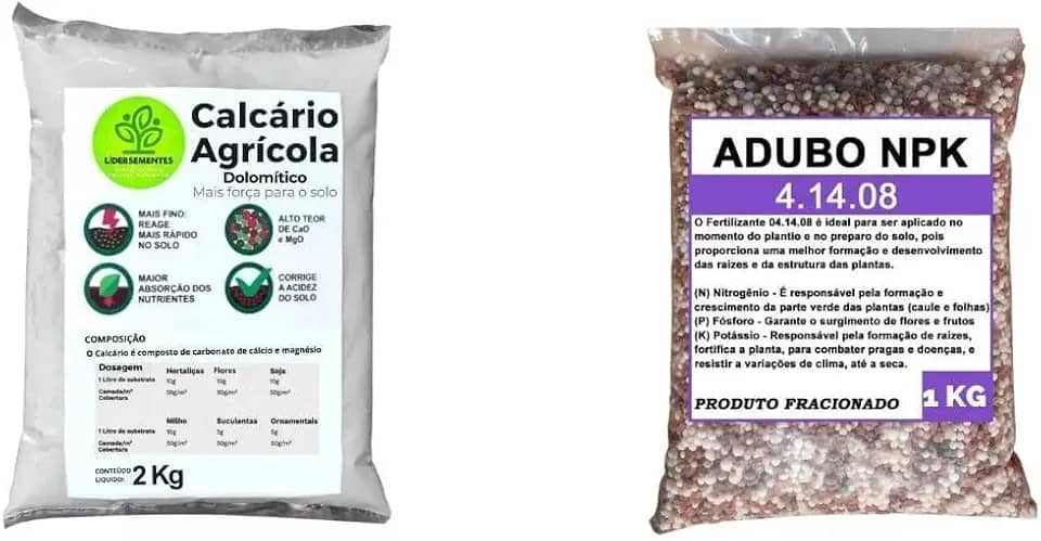 Kit Adubo Fertilizante NPK 041408 + Calcário Agrícola Dolomítico Prnt 80% Fracionado Hortaliças Flores Rosas do Deserto (1KG NPK 041408+ 2KG CALCARIO)
