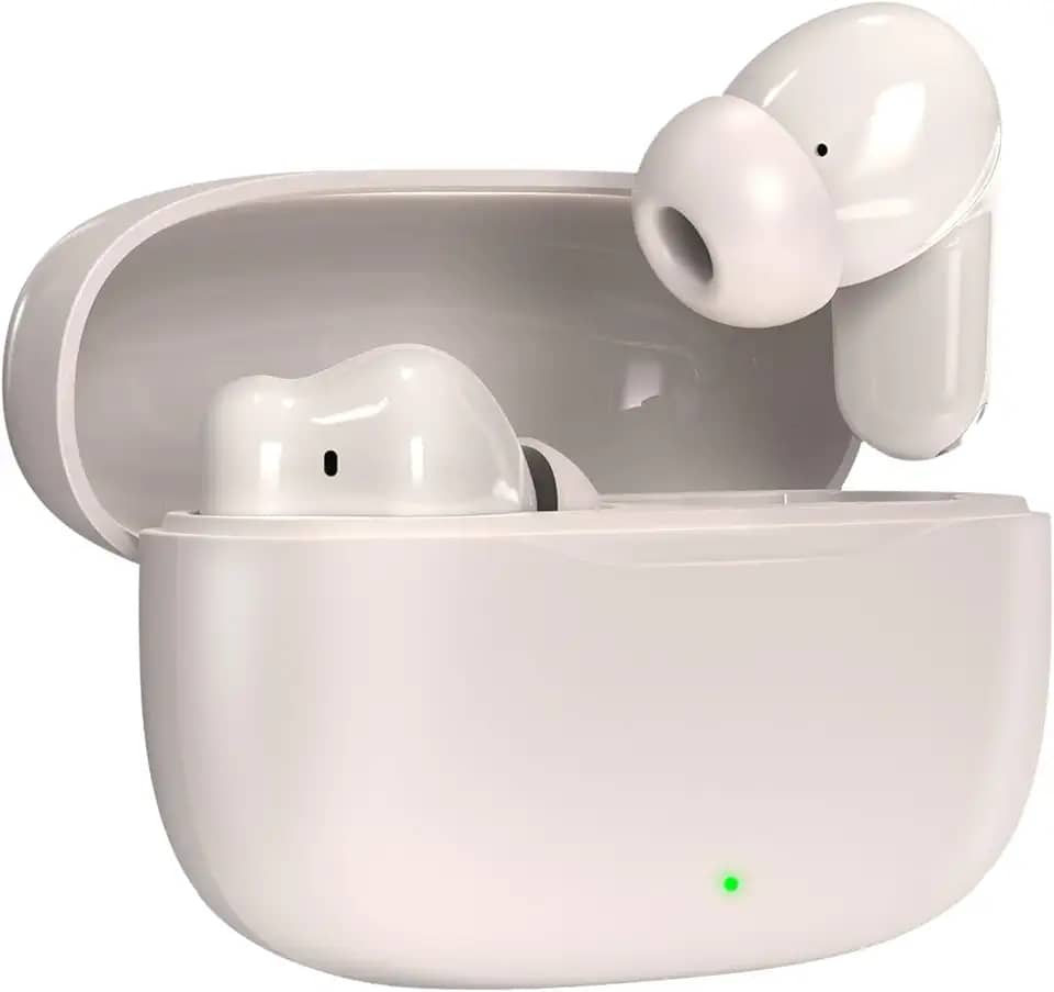 Fone De Ouvido Bluetooth Sem Fio 5.3 Compatível iPhone Android, Modo de Fone Ouvido único e Dois Com Microfone, 360 Estéreo Graves Potentes Para Trabalho Academia Corrida Musica Jogo e Game, Bege