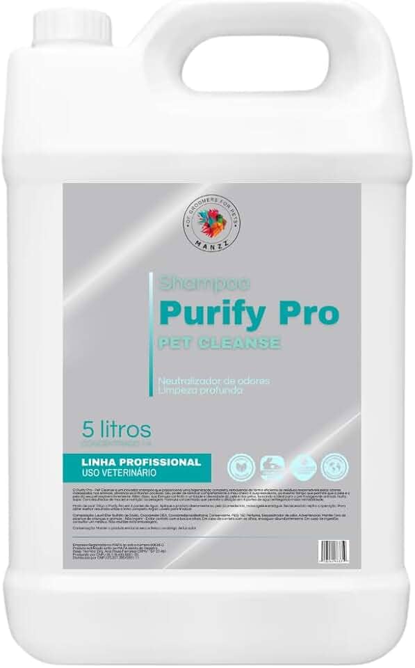 Manzz Purify Pro Shampoo Profissional para Pets, Limpeza Profunda e Neutralizador de Odores, Linha Veterinária, 5 Litros