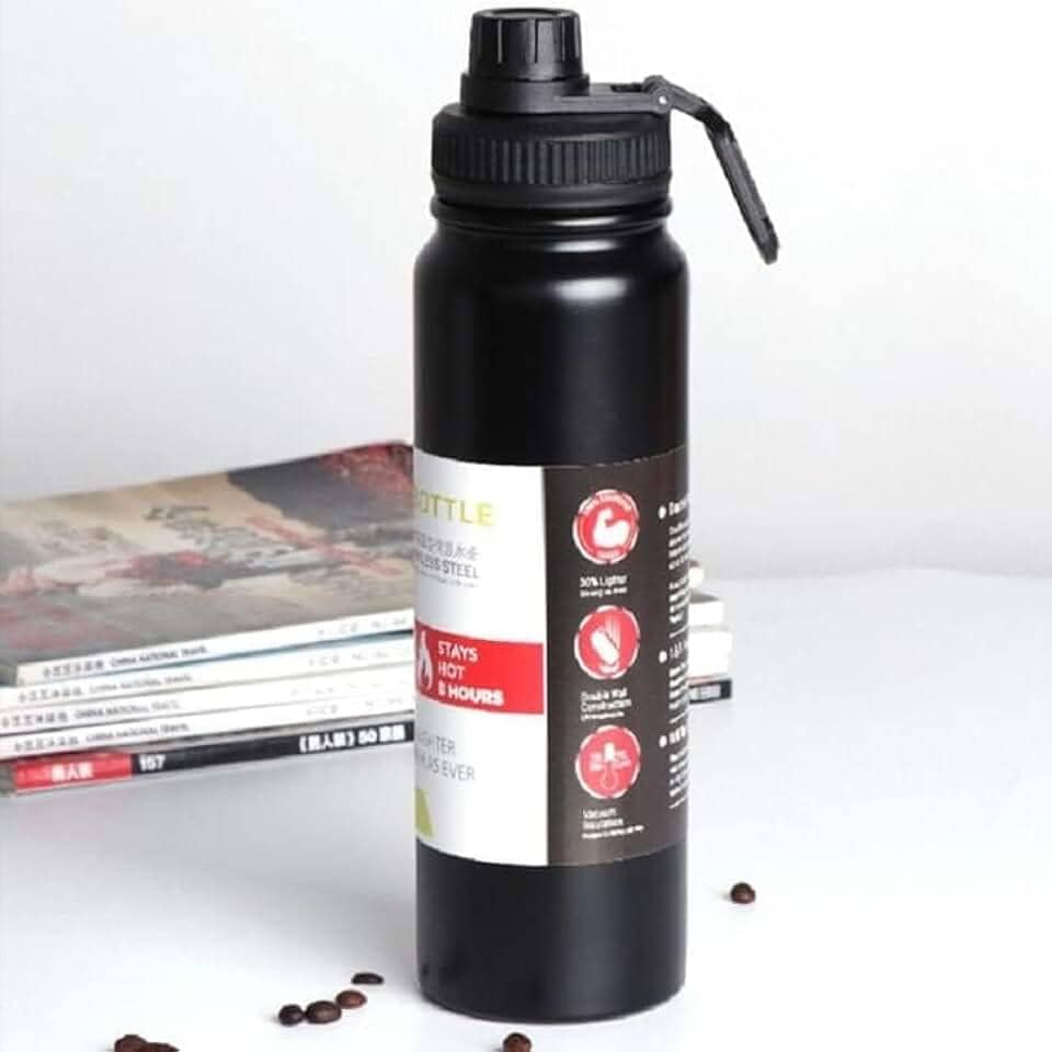 Garrafa de Água Térmica Aço Inox Esportiva Academia Isolada a Vácuo Aço Inox 304 de 800ml (PRETA 1321)