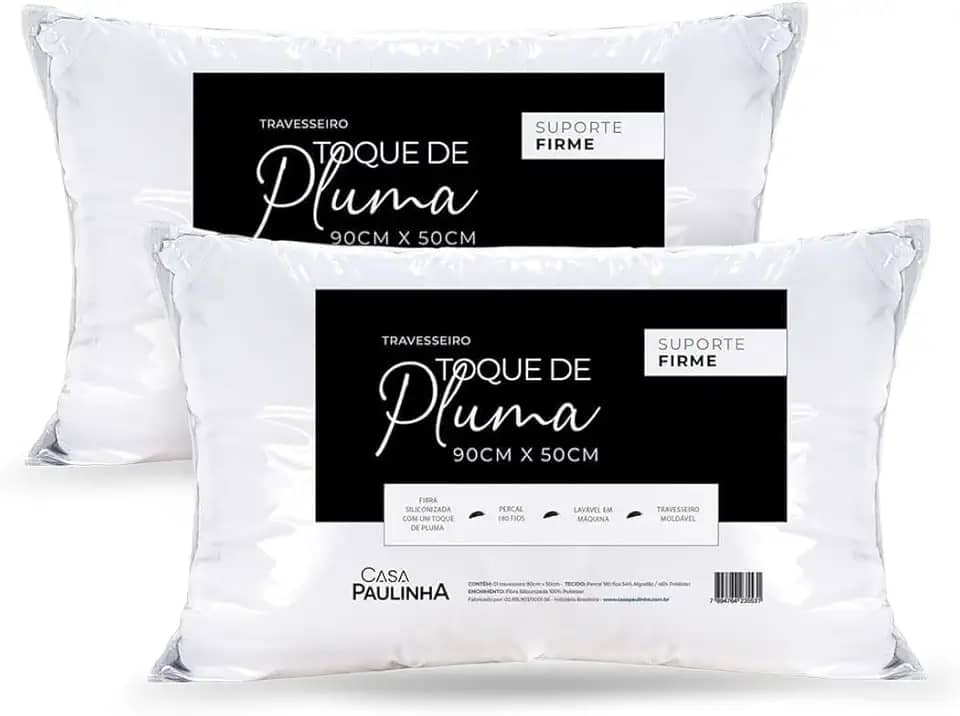 Kit 2 Travesseiros King 90x50 Cm Toque De Pluma Firme E Macio – Alto, Antialérgico, Antiácaro, Lavável, Ideal Para Dormir De Lado Ou Costas, Conforto Premium Casa Paulinha